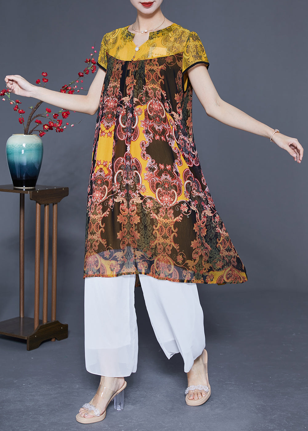 Boutique Yellow Oversized Patchwork Print Chiffon Dress Summer LY1851 - fabuloryshop