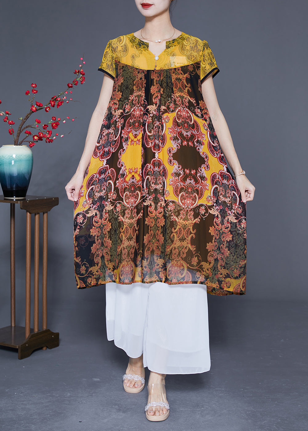Boutique Yellow Oversized Patchwork Print Chiffon Dress Summer LY1851 - fabuloryshop