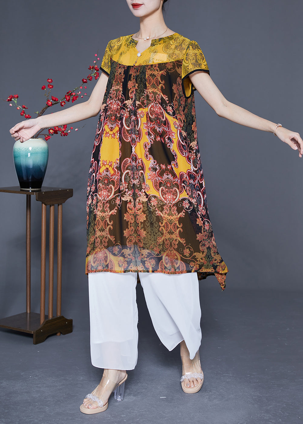 Boutique Yellow Oversized Patchwork Print Chiffon Dress Summer LY1851 - fabuloryshop
