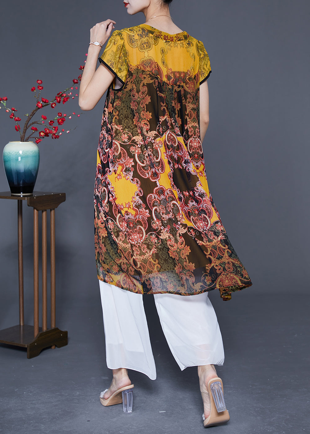 Boutique Yellow Oversized Patchwork Print Chiffon Dress Summer LY1851 - fabuloryshop