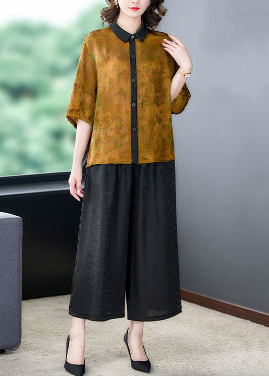 Boutique Yellow Peter Pan Collar Patchwork Silk Two Pieces Set Summer LY5974 Ada Fashion