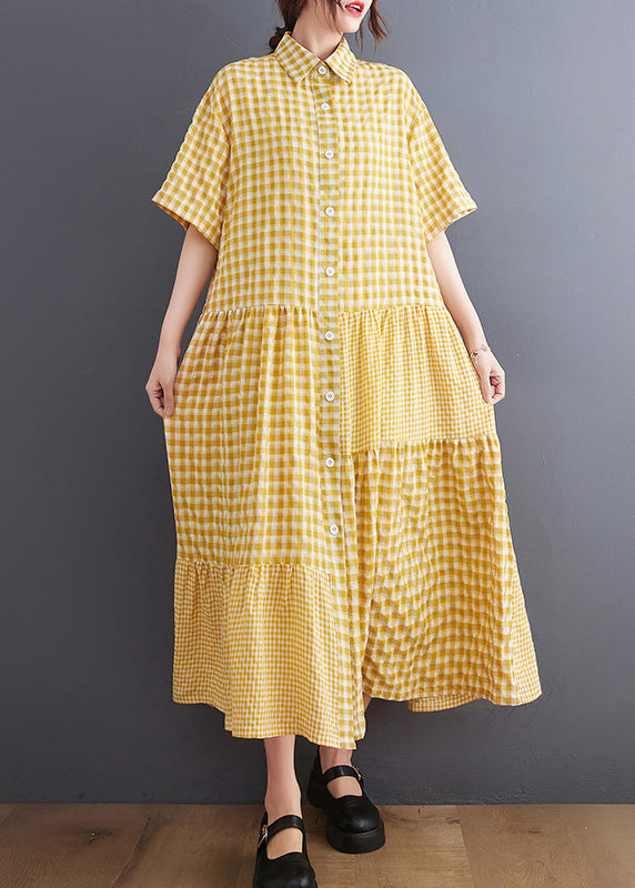 Boutique Yellow Peter Pan Collar Plaid Maxi Dresses Summer LY0650 - fabuloryshop