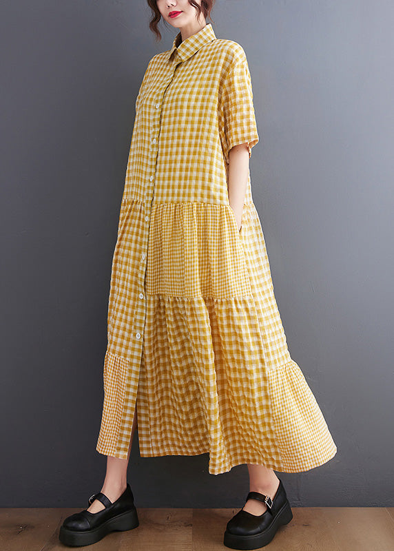 Boutique Yellow Peter Pan Collar Plaid Maxi Dresses Summer LY0650 - fabuloryshop