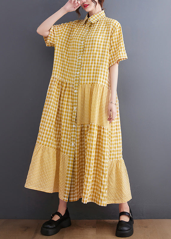 Boutique Yellow Peter Pan Collar Plaid Maxi Dresses Summer LY0650 - fabuloryshop