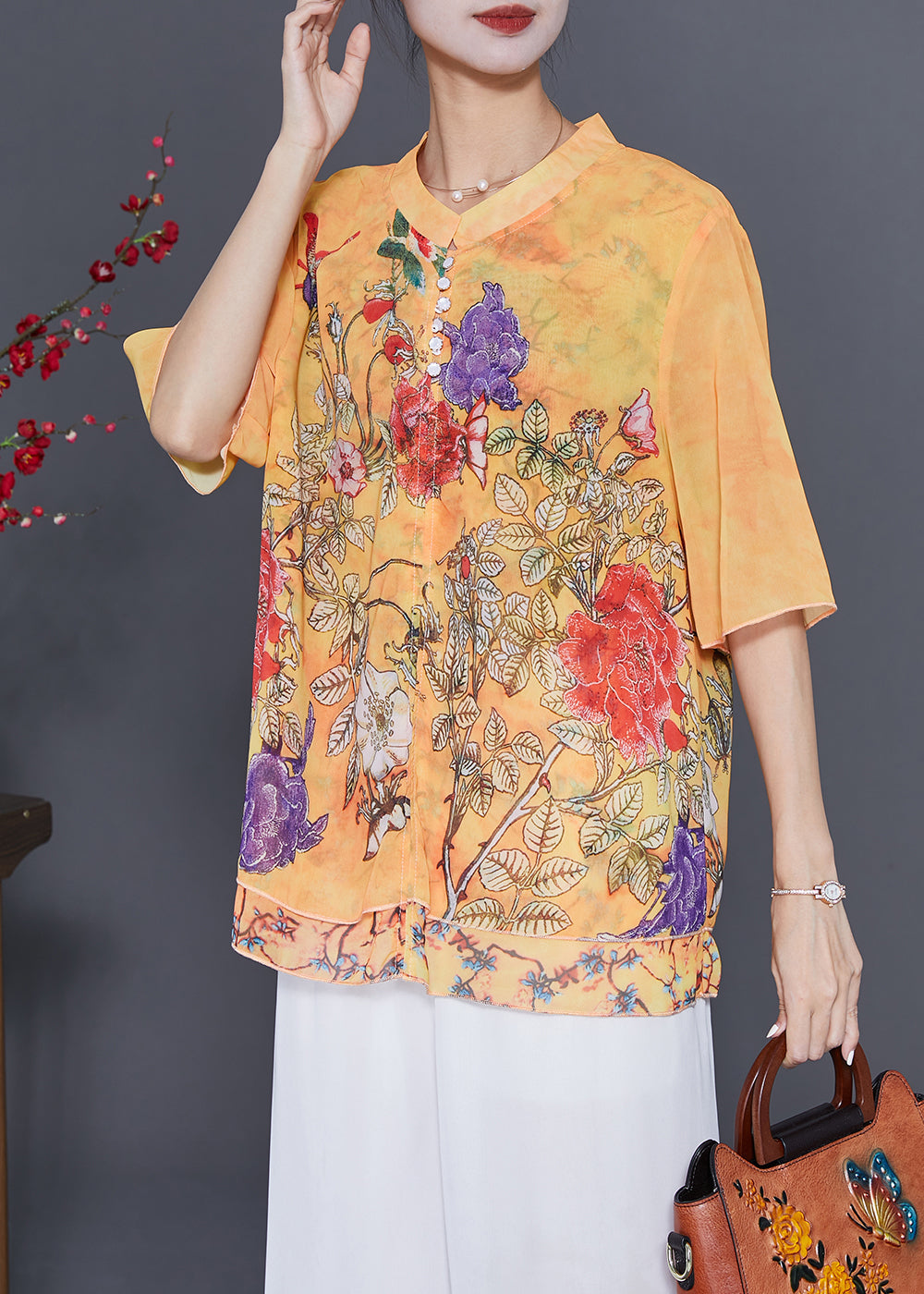 Boutique Gelb Print Chiffon Fake Zweiteiler Shirt Tops Sommer LY7664