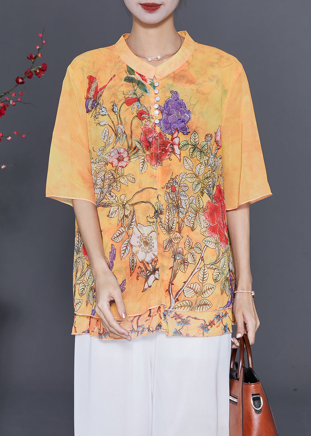 Boutique Gelb Print Chiffon Fake Zweiteiler Shirt Tops Sommer LY7664