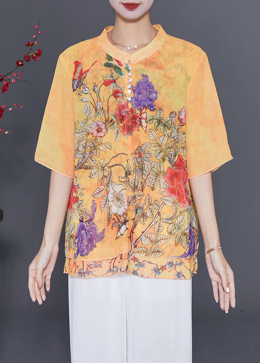 Boutique Gelb Print Chiffon Fake Zweiteiler Shirt Tops Sommer LY7664