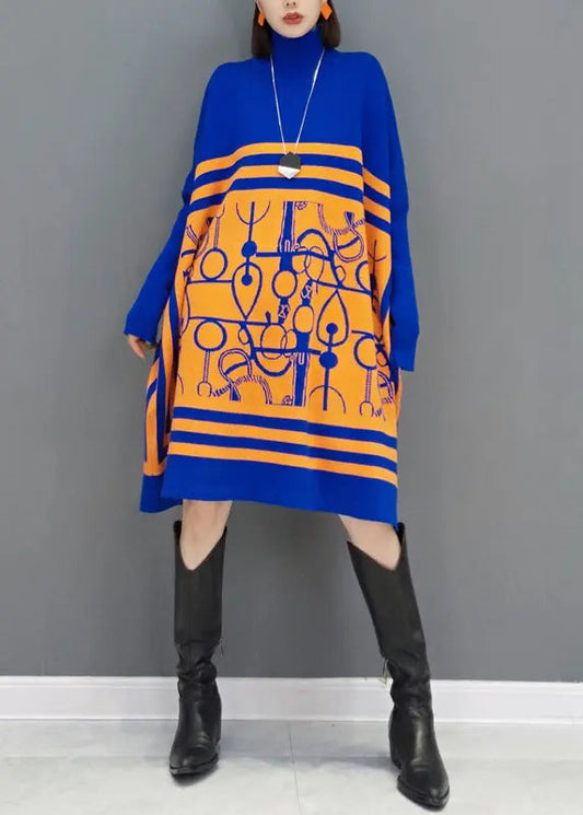 Boutique Yellow Print Hign Neck Patchwork Knit Sweater Dress Winter Ada Fashion