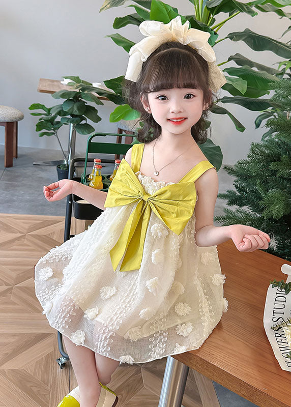 Boutique Yellow Ruffled Bow Patchwork Tulle Kids Girls Long Dress Summer LY5430 - fabuloryshop