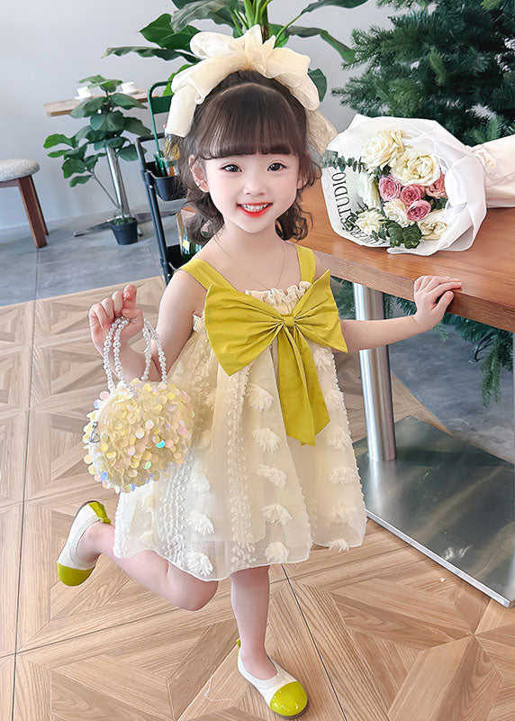Boutique Yellow Ruffled Bow Patchwork Tulle Kids Girls Long Dress Summer LY5430 - fabuloryshop