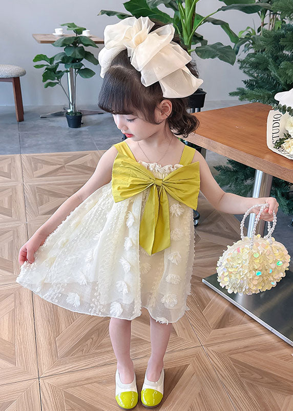 Boutique Yellow Ruffled Bow Patchwork Tulle Kids Girls Long Dress Summer LY5430 - fabuloryshop