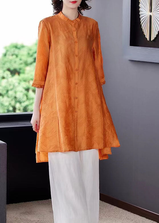 Boutique Yellow Stand Collar Tops And Pants Linen Two Piece Suit Set Spring LC0260 - fabuloryshop