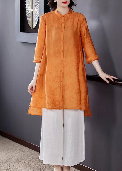 Boutique Yellow Stand Collar Tops And Pants Linen Two Piece Suit Set Spring LC0260 - fabuloryshop