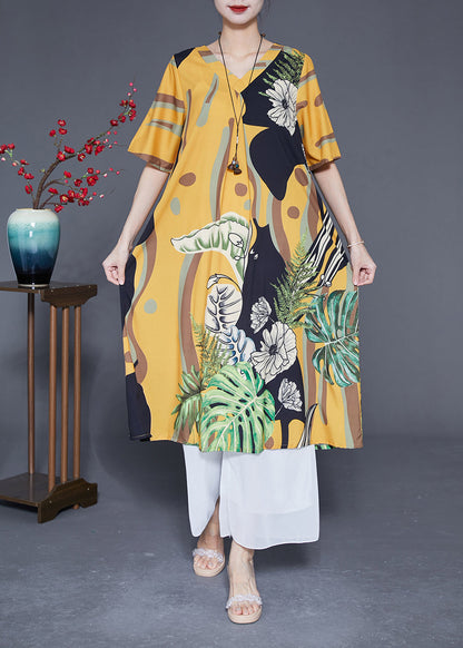 Boutique Yellow V Neck Print Silk Vacation Dress Summer LY2890 - fabuloryshop