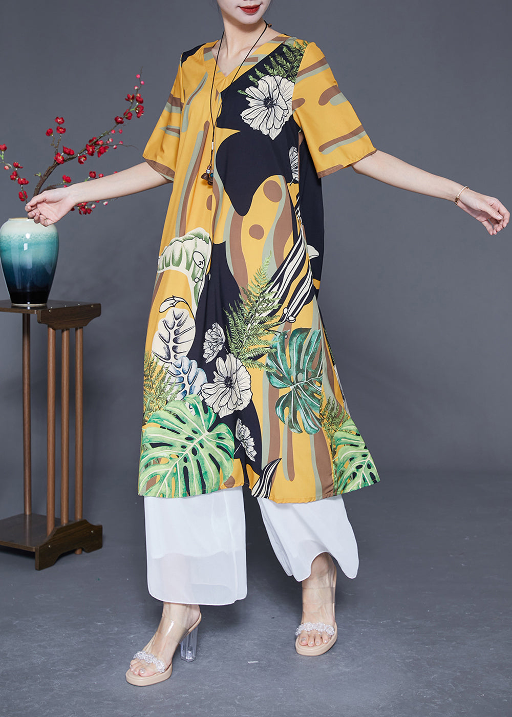 Boutique Yellow V Neck Print Silk Vacation Dress Summer LY2890 - fabuloryshop