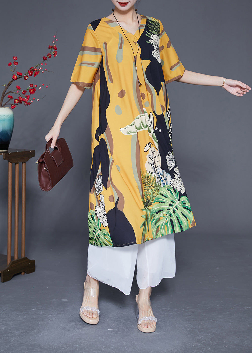 Boutique Yellow V Neck Print Silk Vacation Dress Summer LY2890