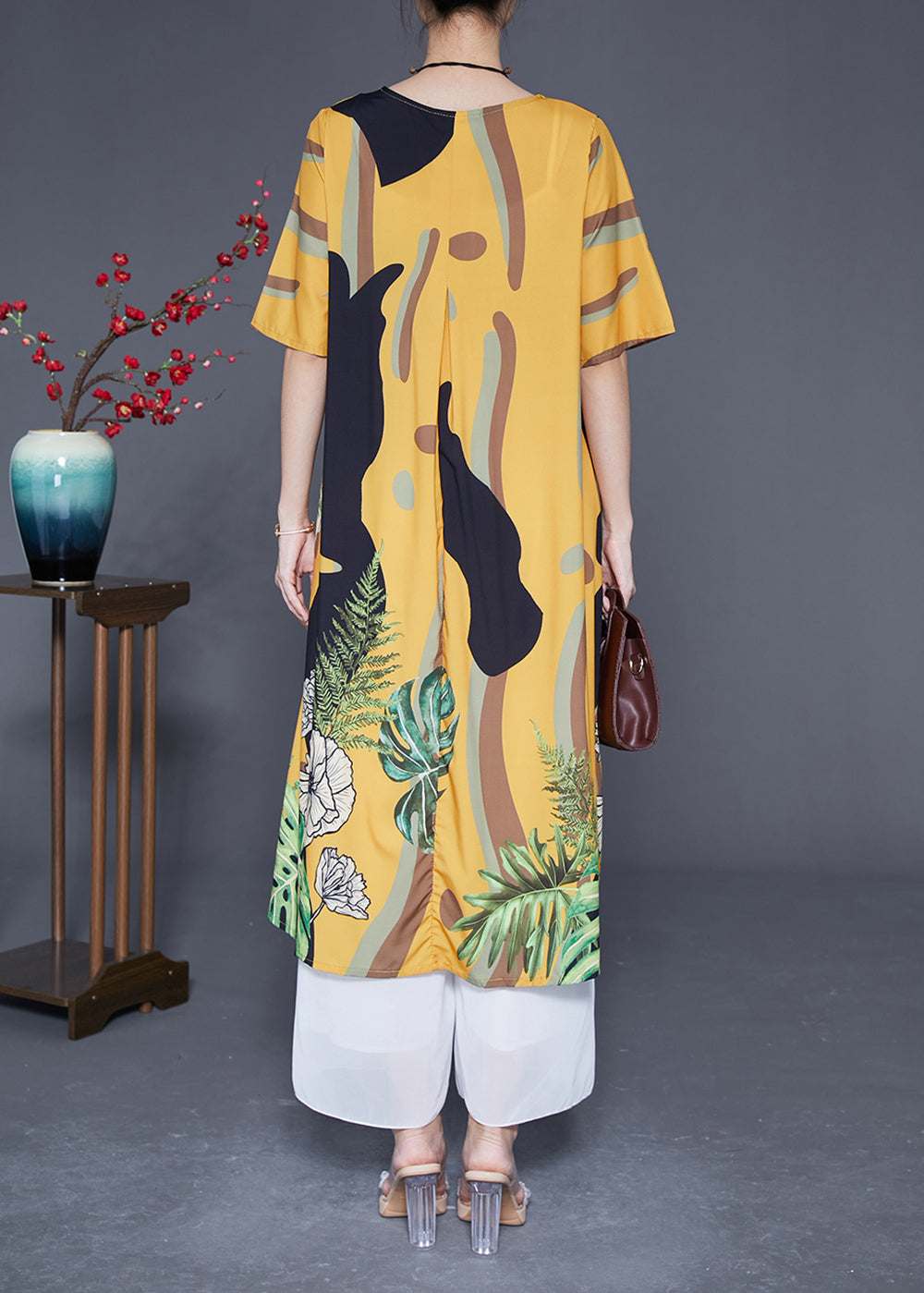 Boutique Yellow V Neck Print Silk Vacation Dress Summer LY2890 - fabuloryshop