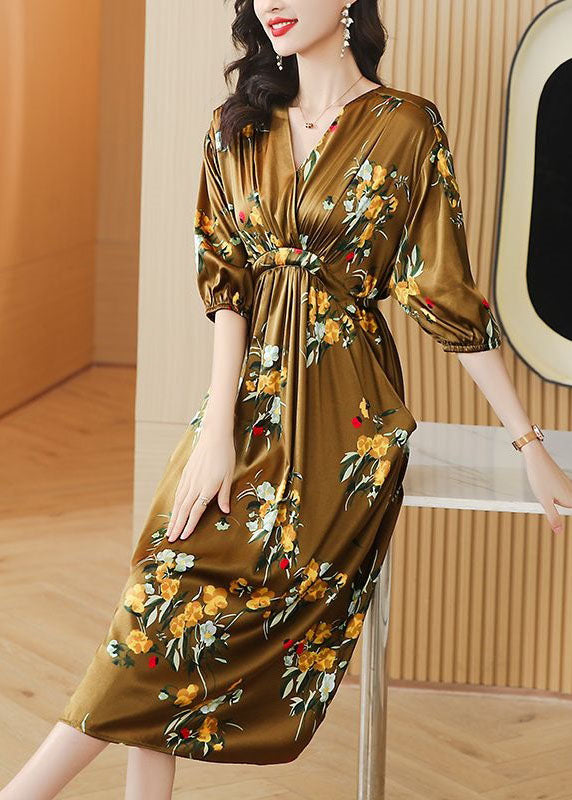Boutique Yellow V Neck Wrinkled Pockets Print Patchwork Silk Dresses Summer LY4474 - fabuloryshop