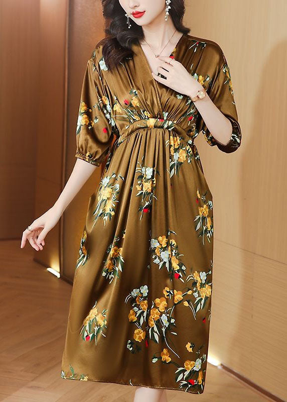Boutique Yellow V Neck Wrinkled Pockets Print Patchwork Silk Dresses Summer LY4474 - fabuloryshop