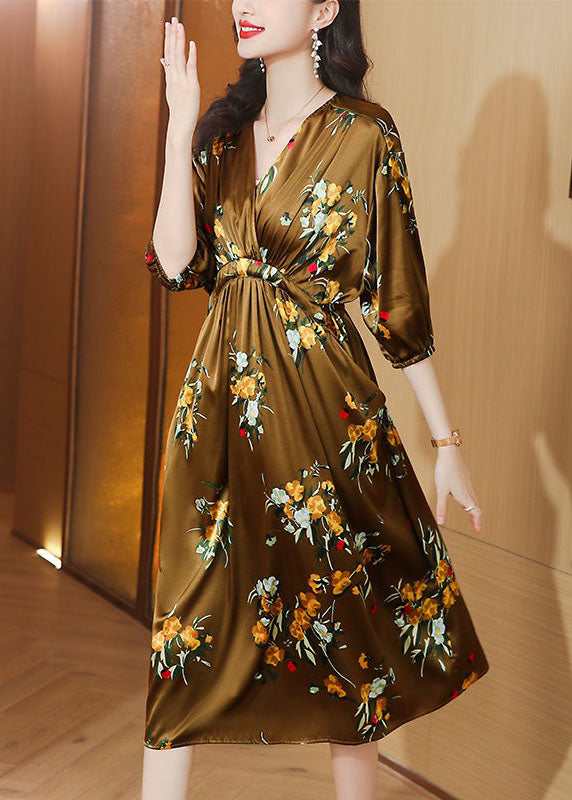 Boutique Yellow V Neck Wrinkled Pockets Print Patchwork Silk Dresses Summer LY4474 - fabuloryshop