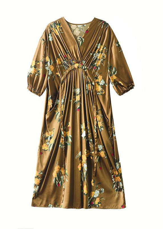 Boutique Yellow V Neck Wrinkled Pockets Print Patchwork Silk Dresses SummerTI1044