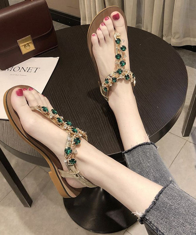 Boutique Zircon Splicing Peep Toe Flat Sandals Green PU LY4337 - fabuloryshop