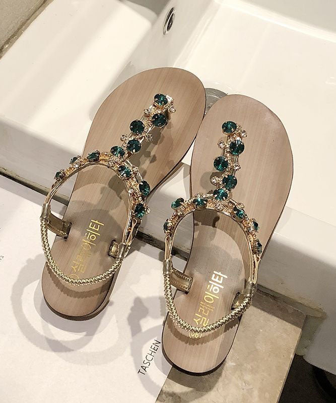 Boutique Zircon Splicing Peep Toe Flat Sandals Green PU LY4337 - fabuloryshop