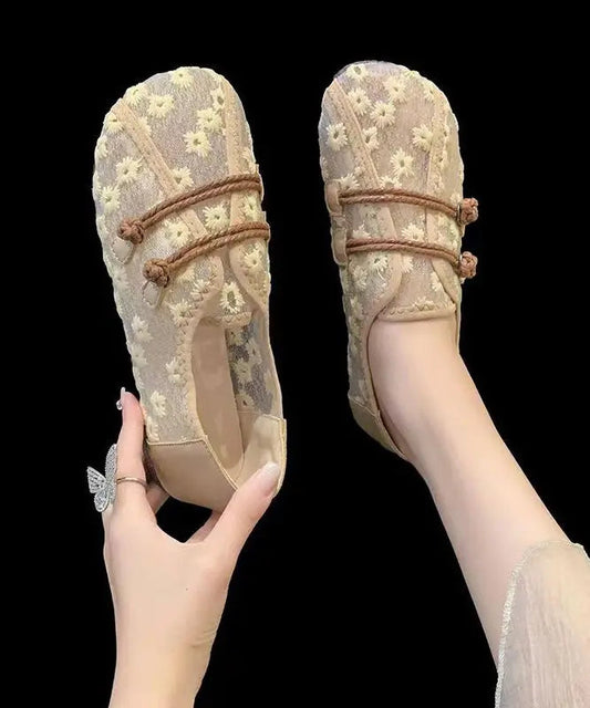 Breathable Mesh Khaki Flat Shoes Embroidery Splicing Ada Fashion