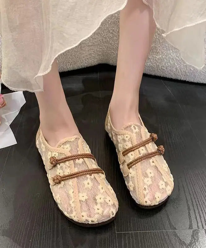 Breathable Mesh Khaki Flat Shoes Embroidery Splicing Ada Fashion