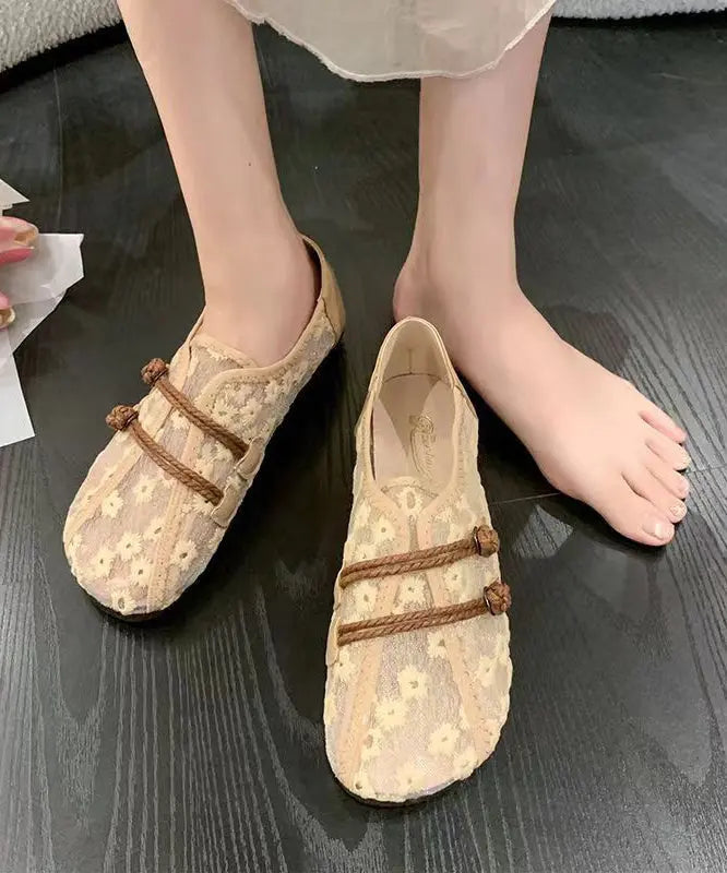 Breathable Mesh Khaki Flat Shoes Embroidery Splicing Ada Fashion