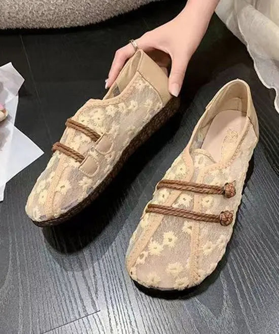 Breathable Mesh Khaki Flat Shoes Embroidery Splicing Ada Fashion