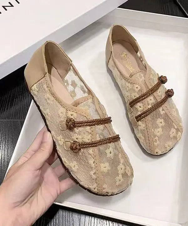 Breathable Mesh Khaki Flat Shoes Embroidery Splicing Ada Fashion