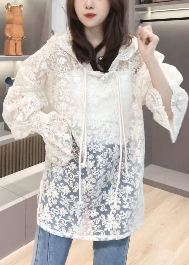 Brief Beige Embroideried Floral Button Hooded UPF 50+ Coat Jacket Summer Ada Fashion