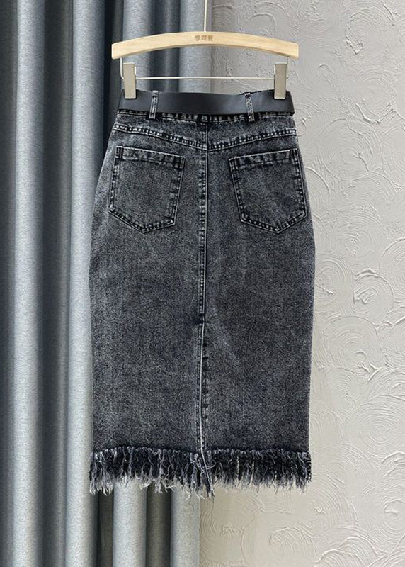 Brief Black Grey Patchwork Tassel Maxi Skirt Summer TY1009