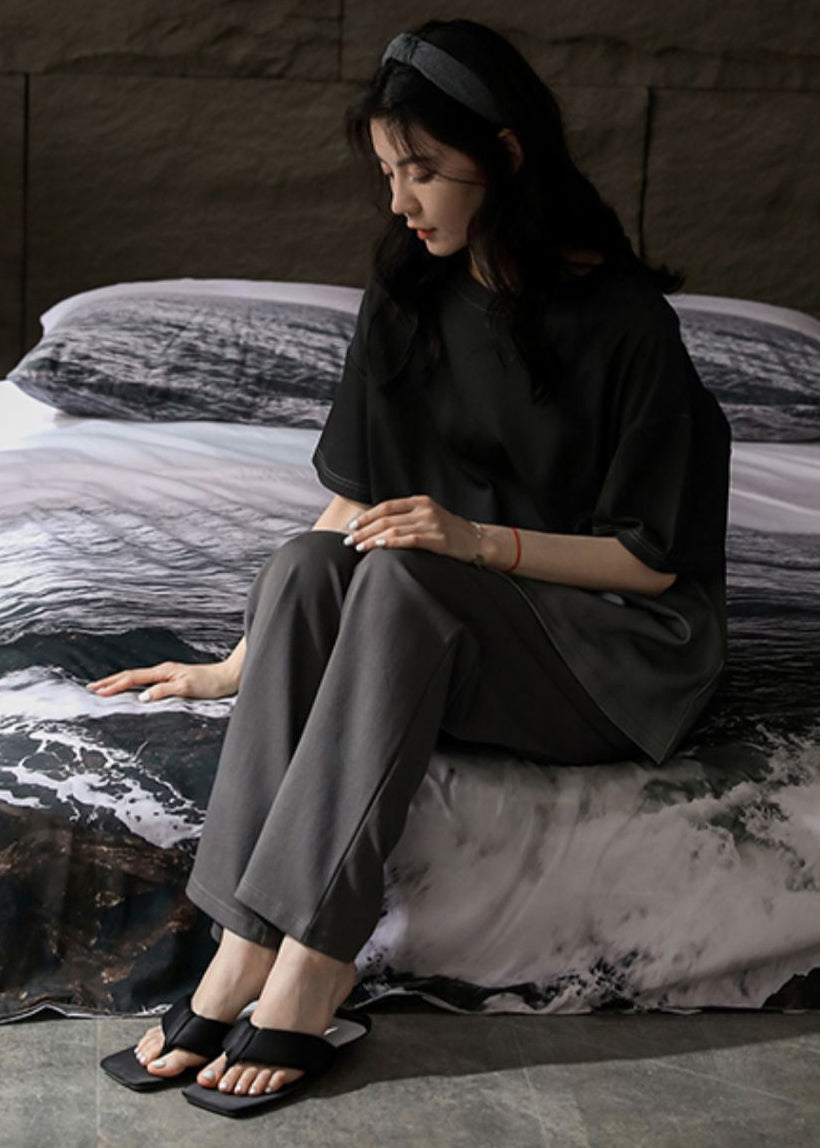 Brief Black O-Neck Ice Silk Couple Pajamas Two Pieces Set Short Sleeve LY2837 - fabuloryshop