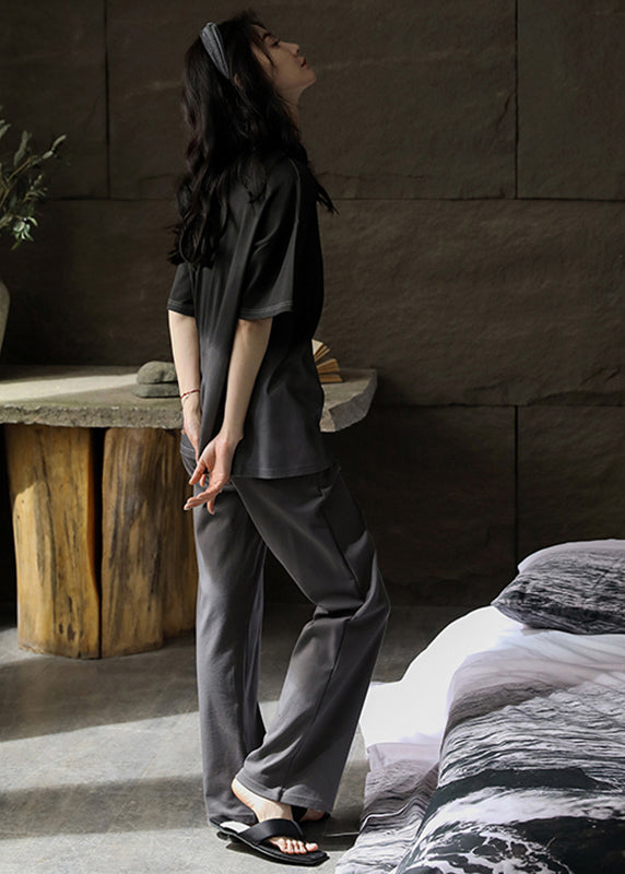 Brief Black O-Neck Ice Silk Couple Pajamas Two Pieces Set Short Sleeve LY2837 - fabuloryshop