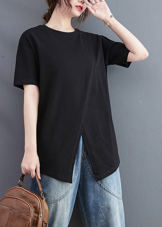 Brief Black O-Neck Open Solid Cotton T Shirt Short Sleeve LY3994 - fabuloryshop