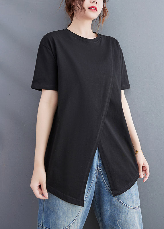 Brief Black O-Neck Open Solid Cotton T Shirt Short Sleeve LY3994 - fabuloryshop