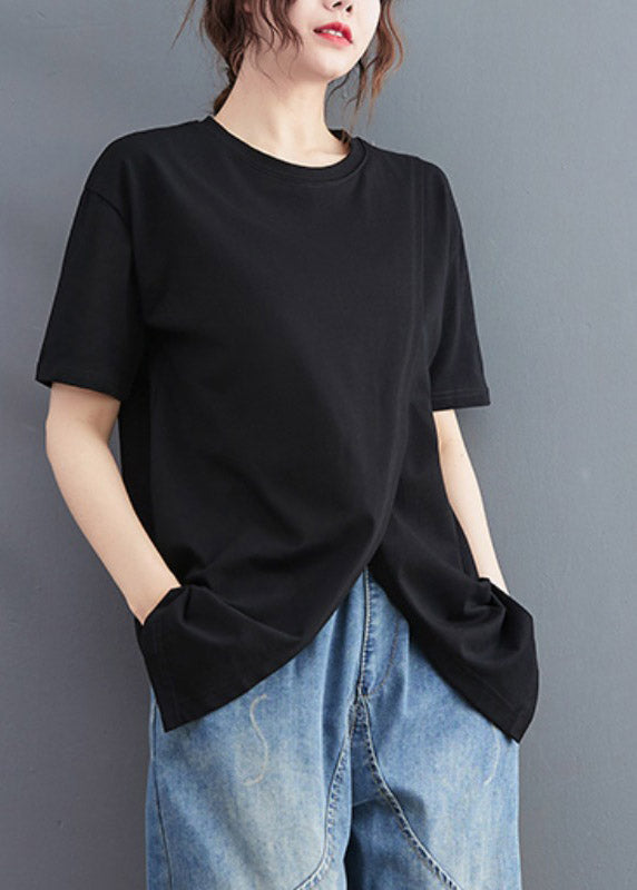 Brief Black O-Neck Open Solid Cotton T Shirt Short Sleeve LY3994 - fabuloryshop