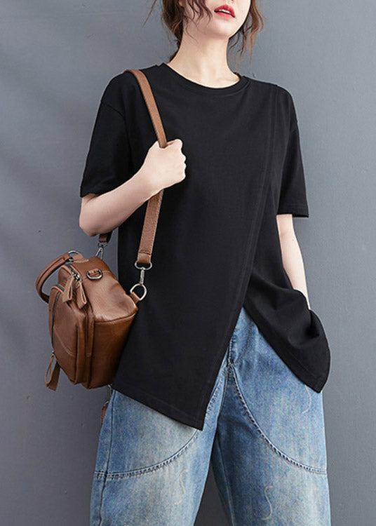 Brief Black O-Neck Open Solid Cotton T Shirt Short Sleeve LY3994 - fabuloryshop