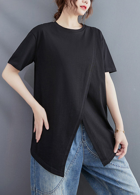 Brief Black O-Neck Open Solid Cotton T Shirt Short Sleeve LY3994 - fabuloryshop