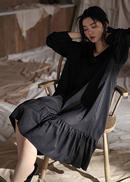 Brief Black Peter Pan Collar Patchwork Ice Silk Maxi Dress Spring TO1032 - fabuloryshop