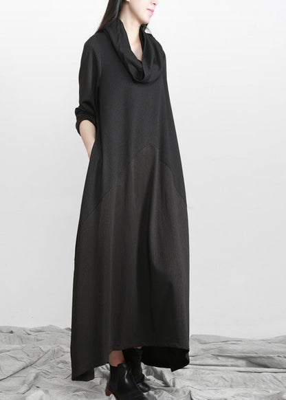 Brief Black Turtleneck Asymmetrical Solid Maxi Dresses Spring LY5145 - fabuloryshop