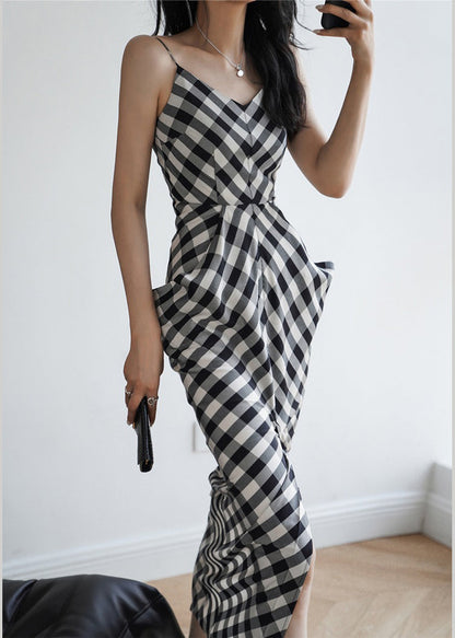 Brief Black White Plaid V Neck Patchwork Slim Maxi Dresses Sleeveless LY2706 - fabuloryshop