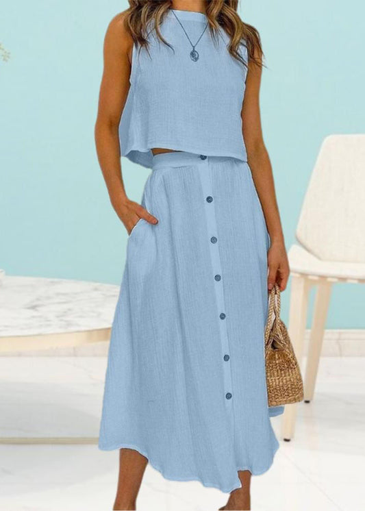 Brief Blue O-Neck Solid Top And Maxi Skirts Two Piece Set Summer LY1941 - fabuloryshop