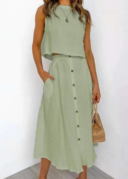 Brief Blue O-Neck Solid Top And Maxi Skirts Two Piece Set Summer LY1941 - fabuloryshop