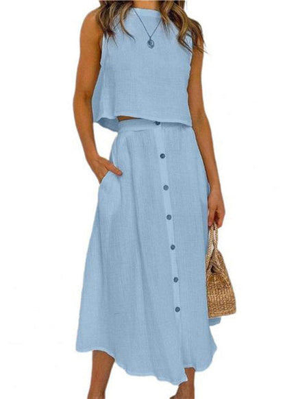 Brief Blue O-Neck Solid Top And Maxi Skirts Two Pieces Set Summer LY3878 - fabuloryshop