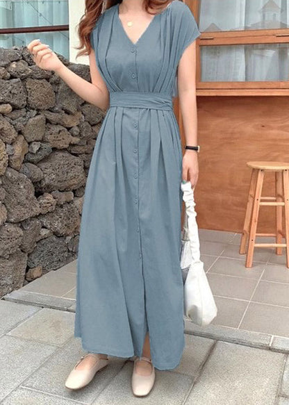 Brief Blue V Neck Tie Waist Button Solid Long Dress Short Sleeve LY2061 - fabuloryshop