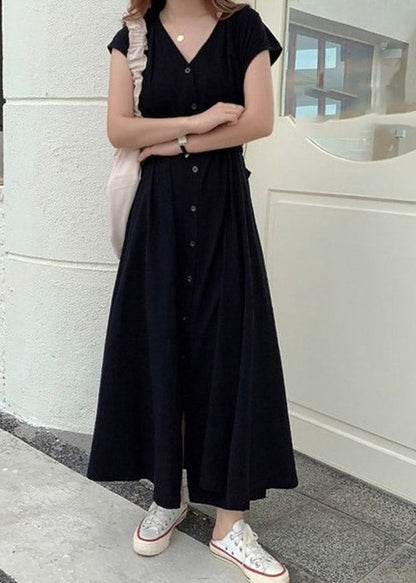 Brief Blue V Neck Tie Waist Button Solid Long Dress Short Sleeve LY2061 - fabuloryshop