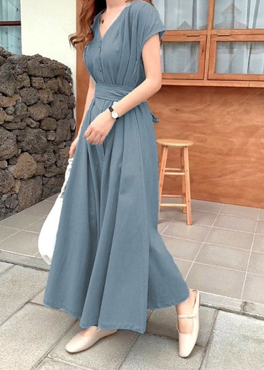 Brief Blue V Neck Tie Waist Button Solid Long Dress Short Sleeve LY2061 - fabuloryshop